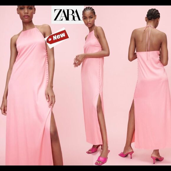 Zara pink satin effect button dress Sz L NWT - Picture 1 of 11